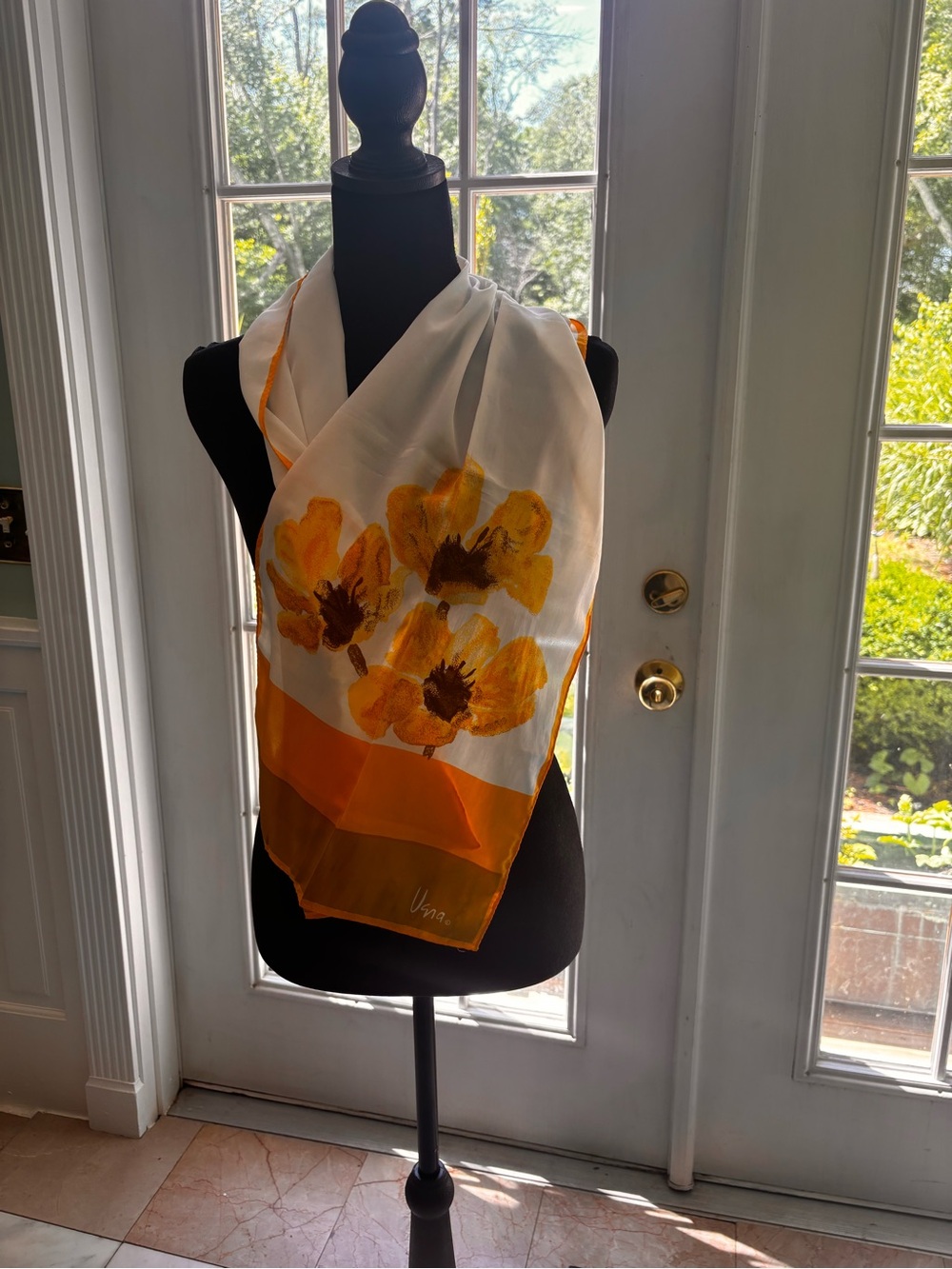 Vera vintage Floral Silk Scarf in White Yellow and Orange